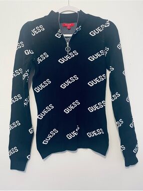 GUESS Black Logo Zip-Front Turtleneck Sweater